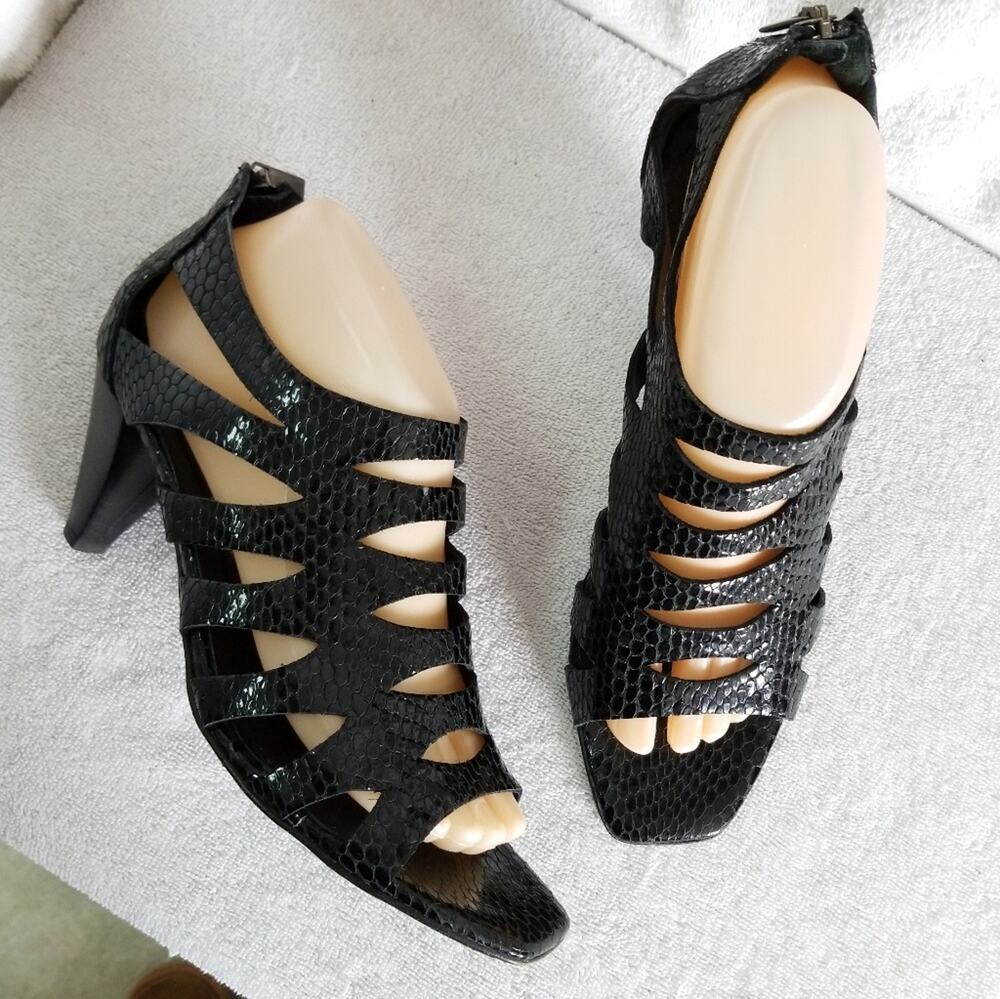 Aquatalia snakeskin patent leather cutout sandals